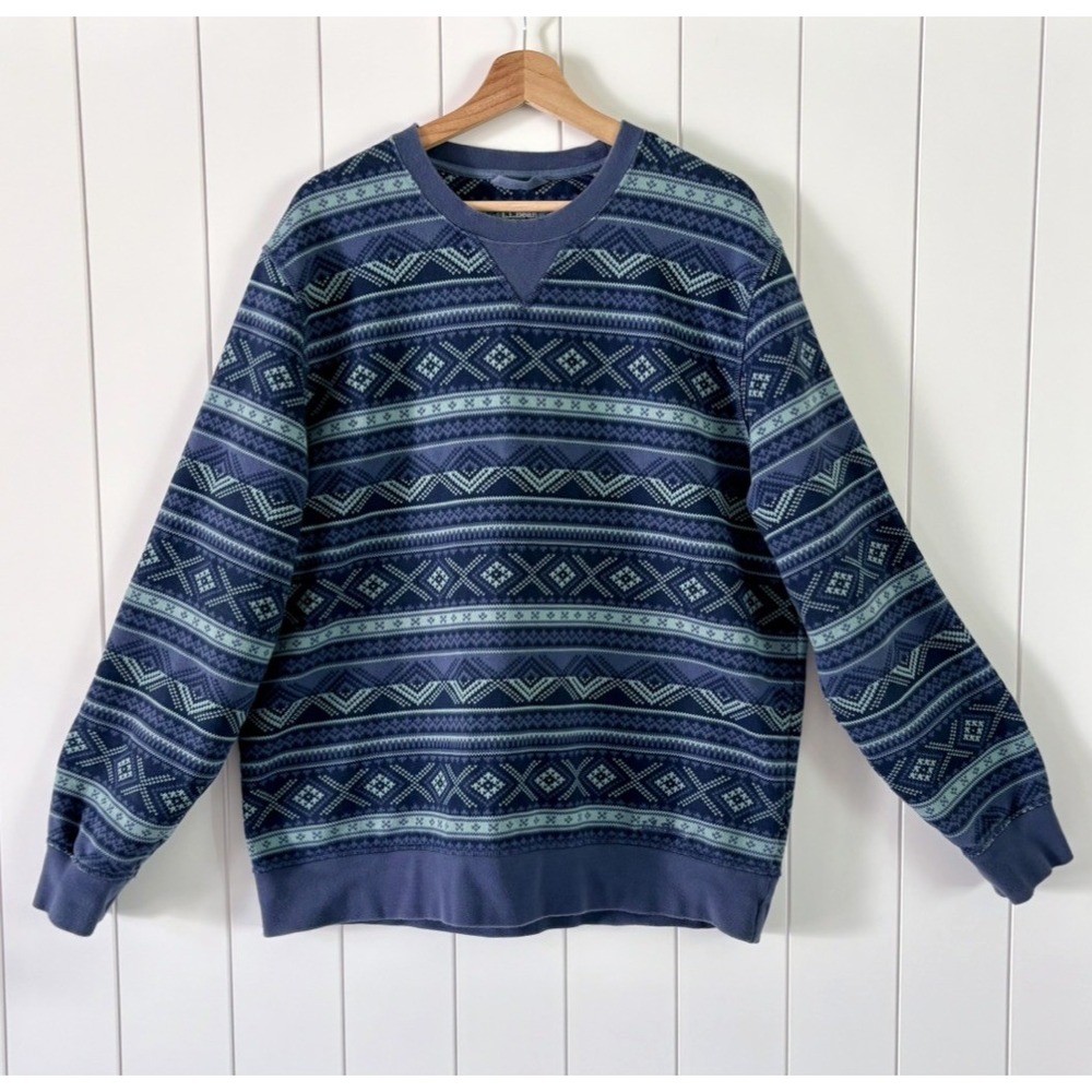 LL Bean Blue Fair Isle Crewneck Sweatshirt Mens L Cotton Blend Fleece Pullover